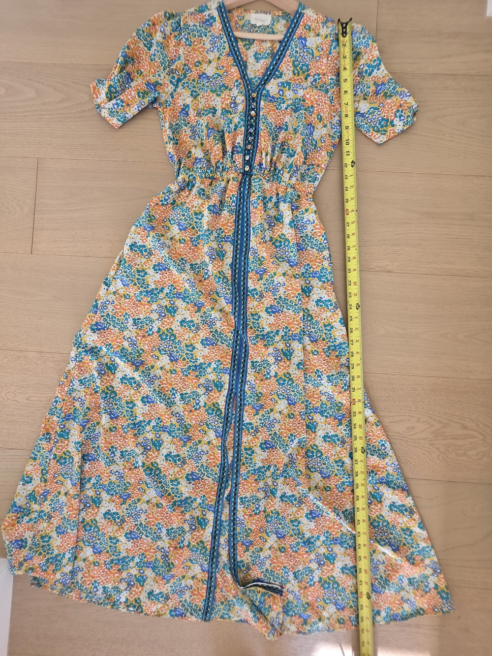 Melloday Women's Floral V-Neck Puff Sleeve Top - Yellow Multi Color Maxi Dress - Picture 8 of 14